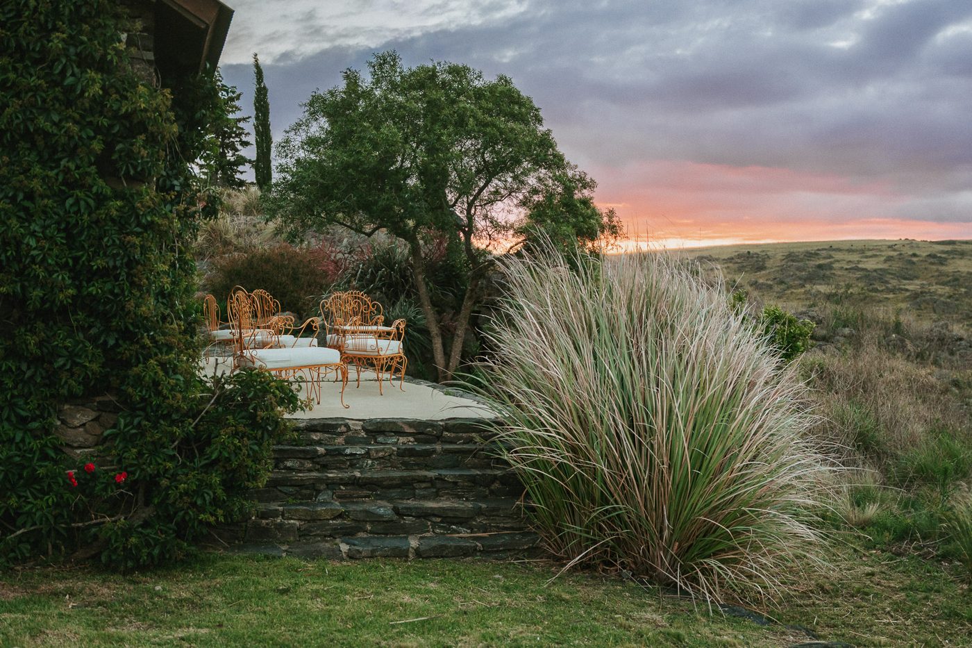 The stone terrace at sunset