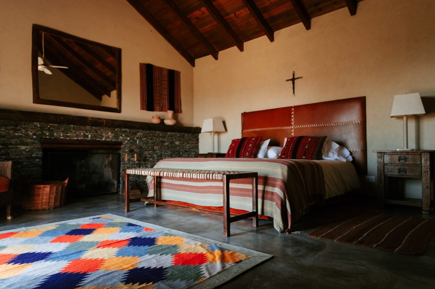 Main bedroom with its stone fireplace