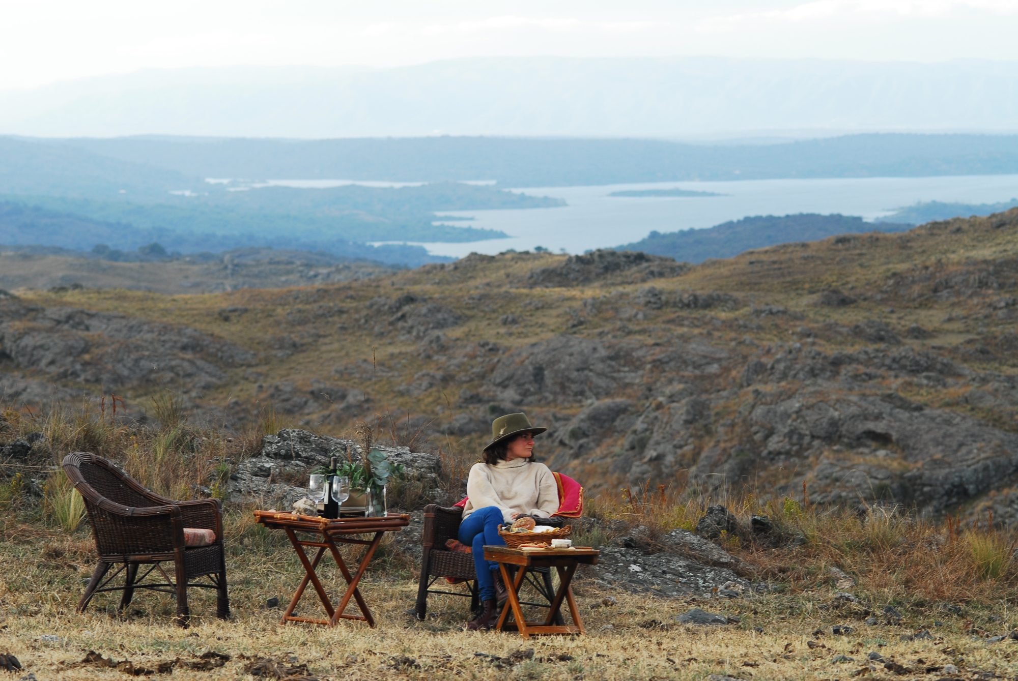 Wine and cheese at the summit, the lake behind