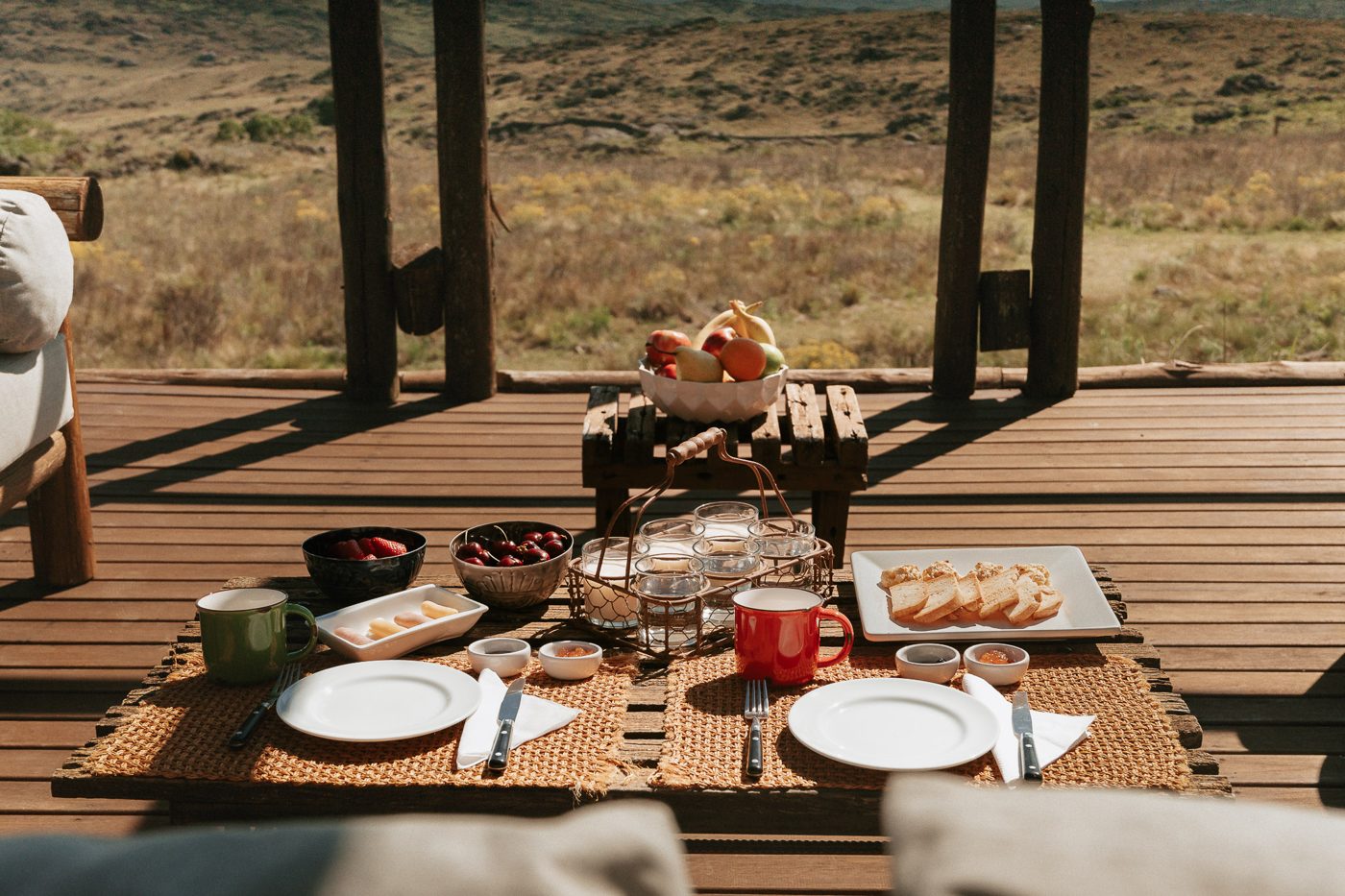 Tea on the deck, the hills behind