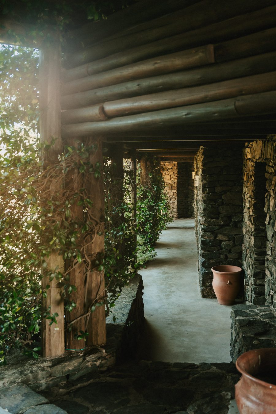 The stone and timber gallery, ivy climbing in
