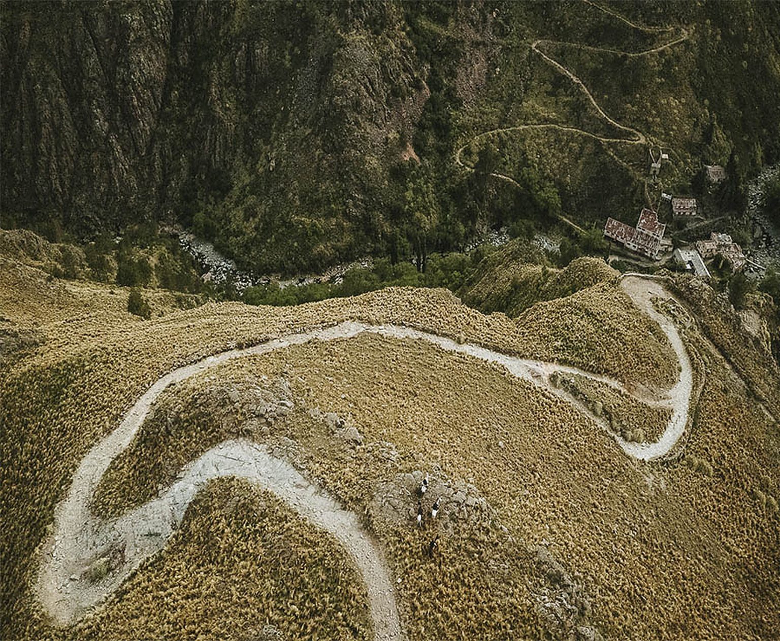 A winding trail through the Sierras seen from above